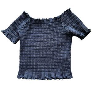 Moussy Navy Blue Smocked Boat Neck Off Shoulder Crop Top Size 1 Y2K Coastal